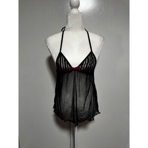 Dreamgirl Black Sheer Babydoll Lingerie Top Red Bow Halter Tie Sexy Sleepwear‎ S